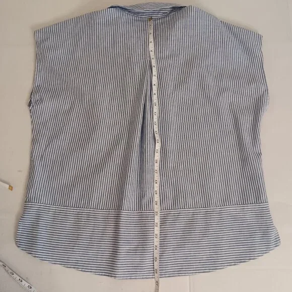 DKNY Comfy Blue White Stripe Linen Blend Sleeveless V-Neck Collared Shirt Wmn L - Picture 12 of 14
